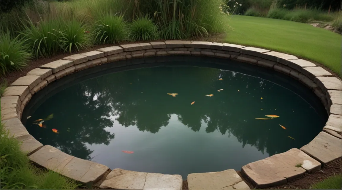 a small pond with a stone border around it