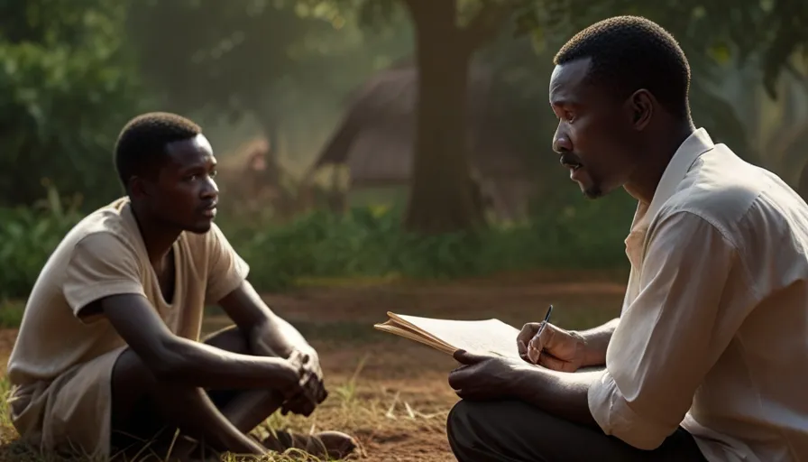 two men sitting on the ground writing on a piece of paper