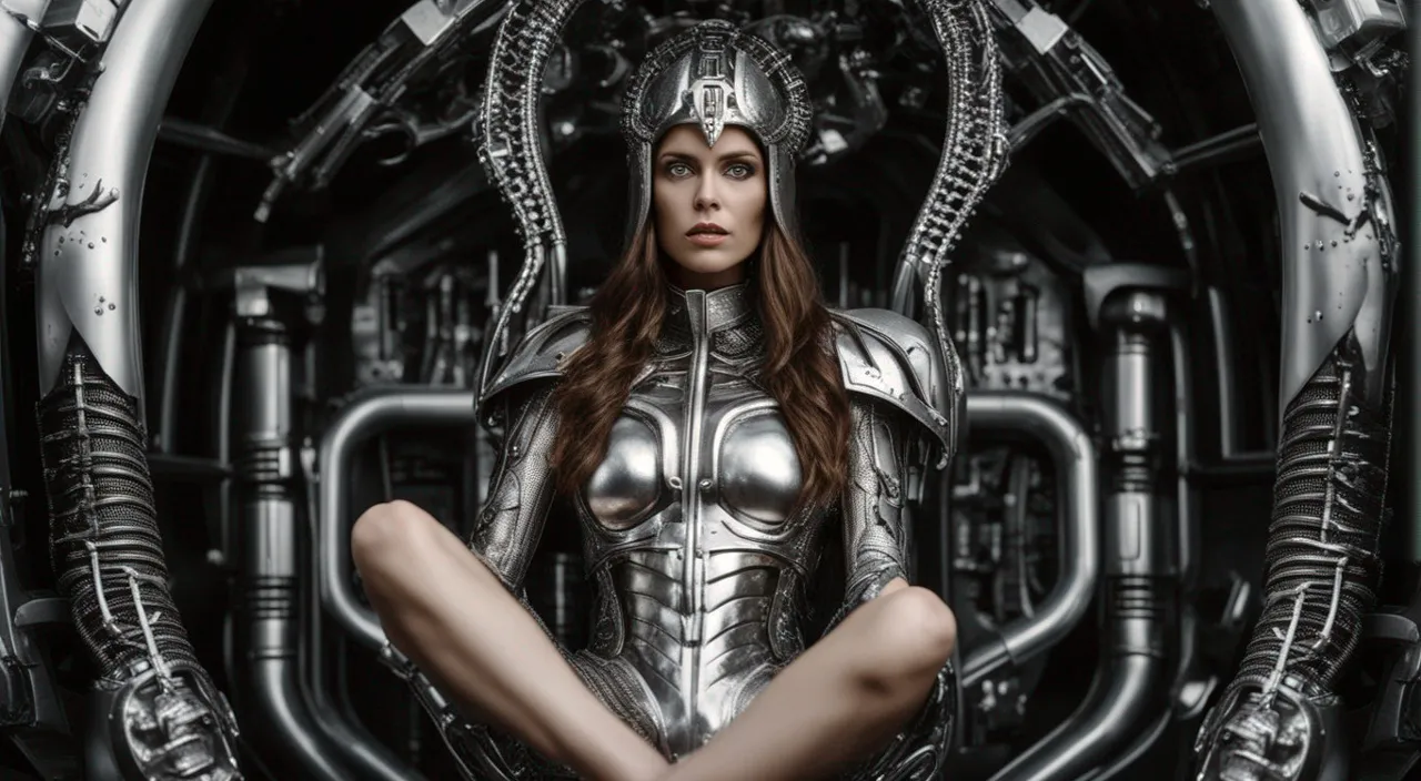 a woman in a futuristic suit sitting on the ground