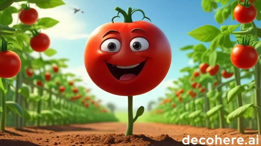 a tomato with a happy face standing in the middle of a field of tomatoes