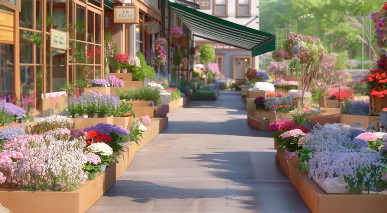 a row of flower shops filled with lots of flowers