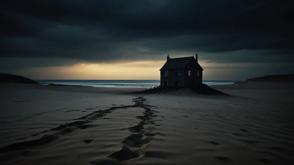 a house sitting on top of a sandy beach under a cloudy sky