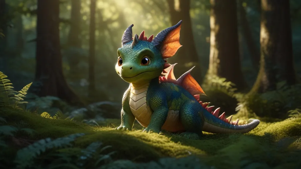 a small dragon sitting in the middle of a forest