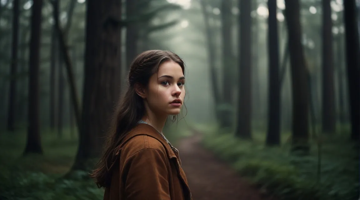 a woman standing in the middle of a forest