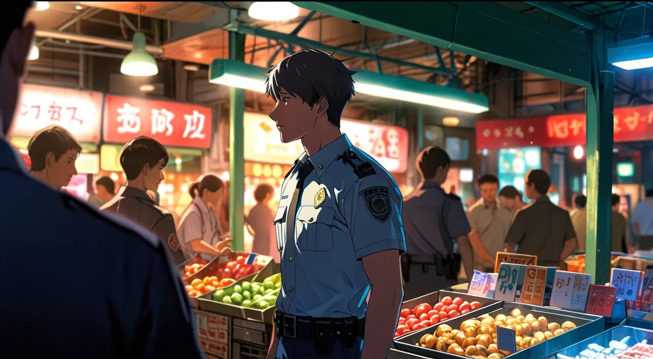 a police officer standing in front of a fruit stand