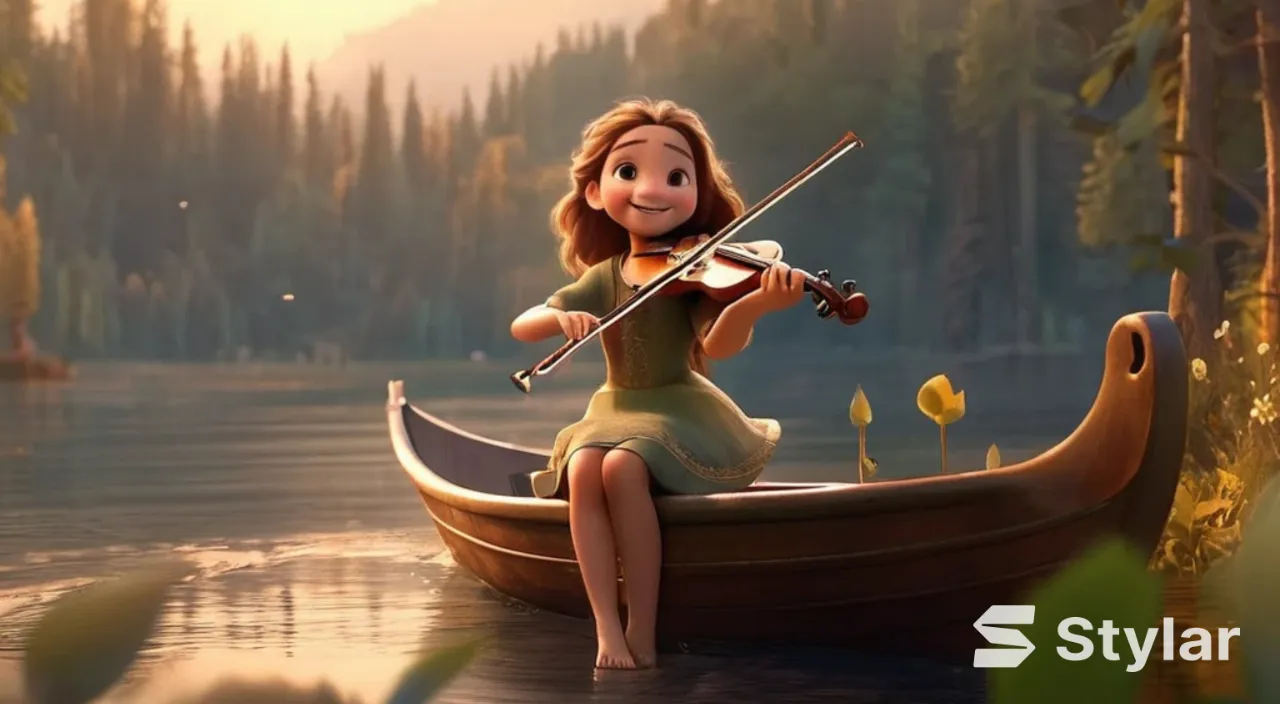 A young beautiful girl with long hair, the girl smiles, the girl plays the violin while standing on the boat on the lake, surrounded by the forest