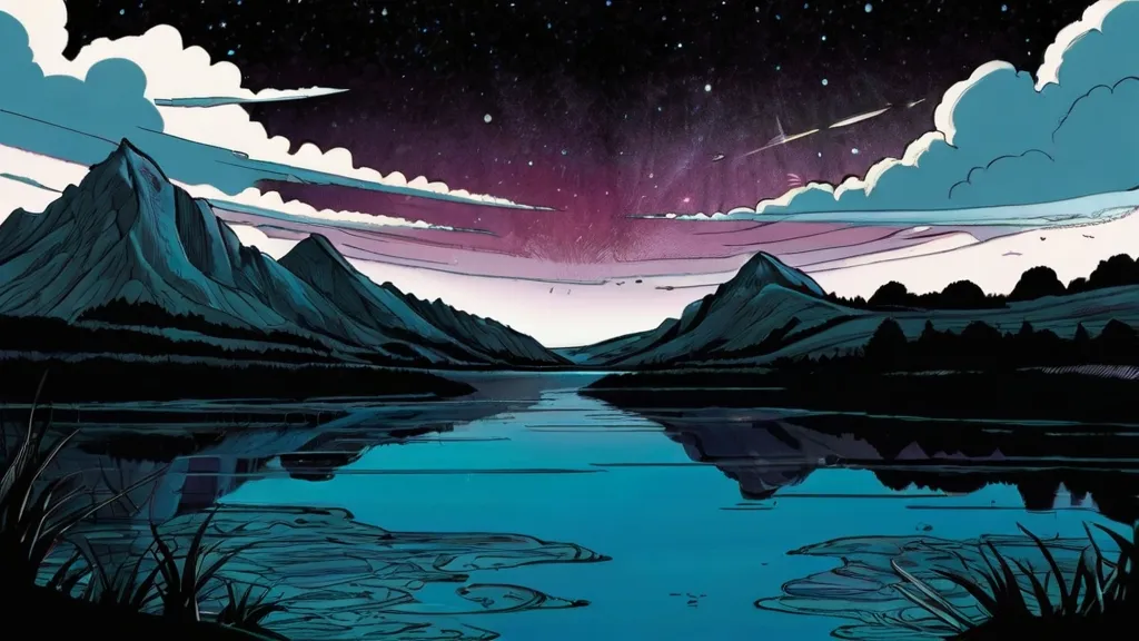 a painting of mountains and a lake under a night sky