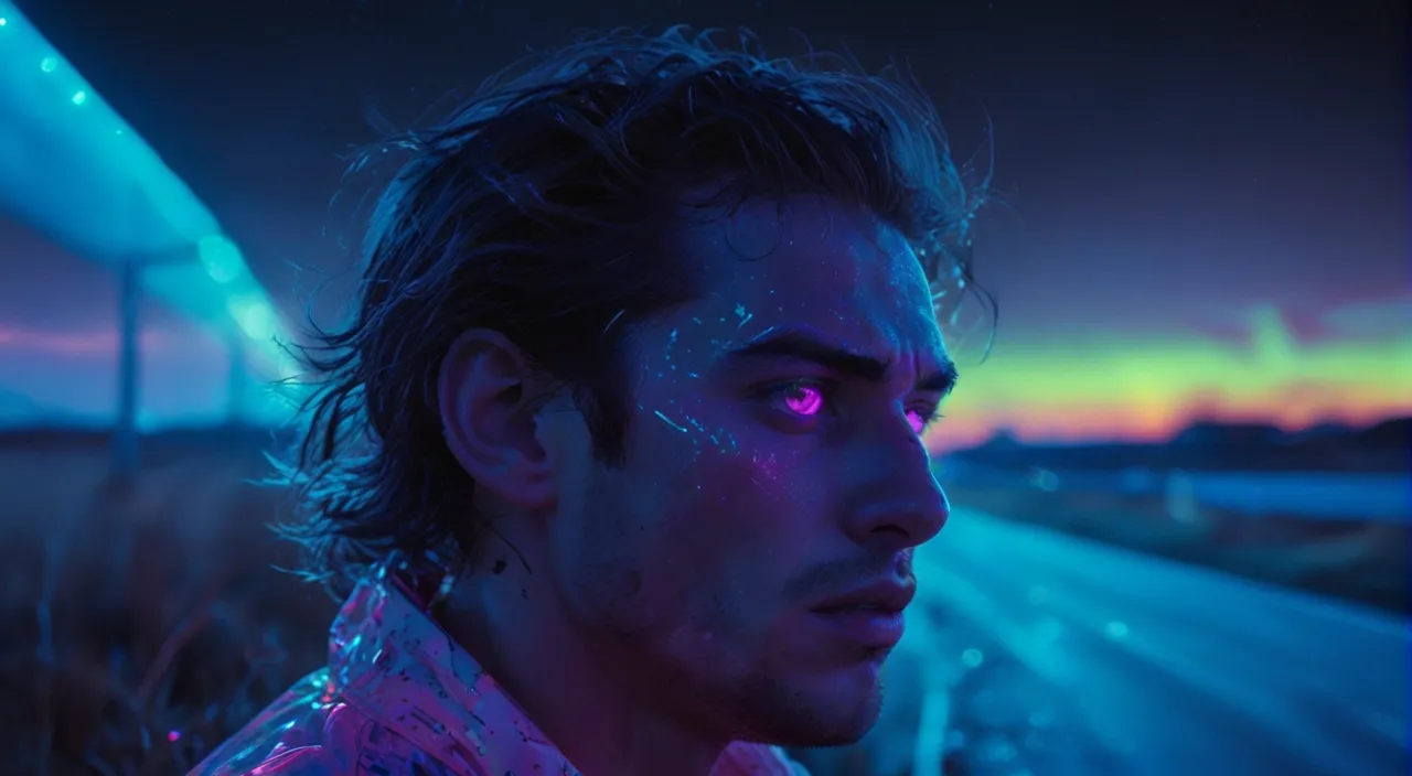 Man's face illuminated by a neon pink light, appearing to float in a mesmerizing, surreal desert landscape.