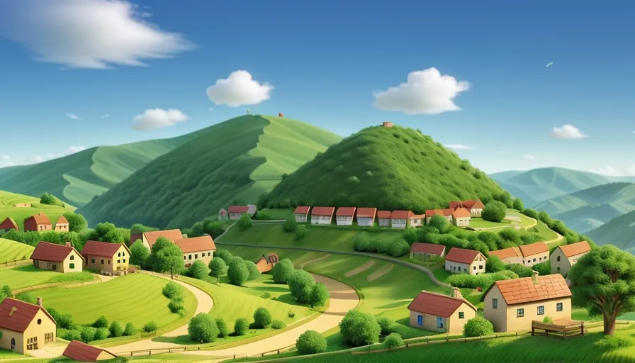 a painting of a small village on a hill