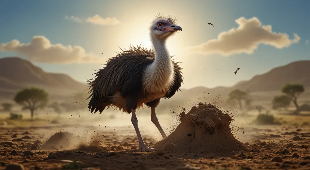 an ostrich is standing in the dirt near a pile of dirt