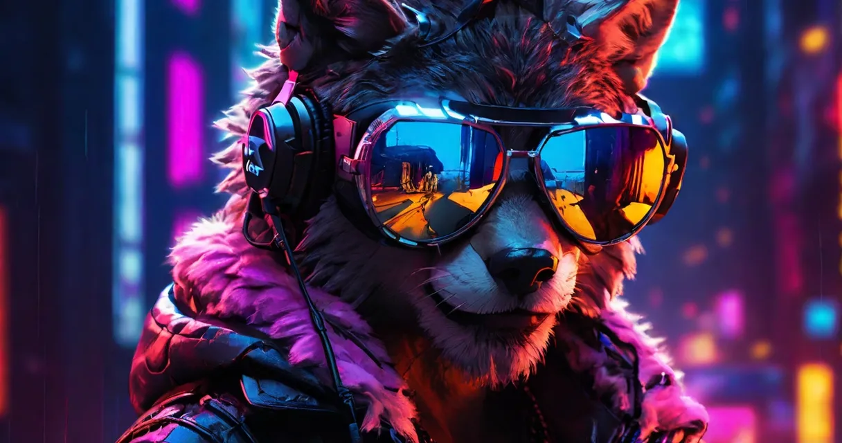 Raccoon DJ performing at a neon-lit club with ecstatic guests dancing around