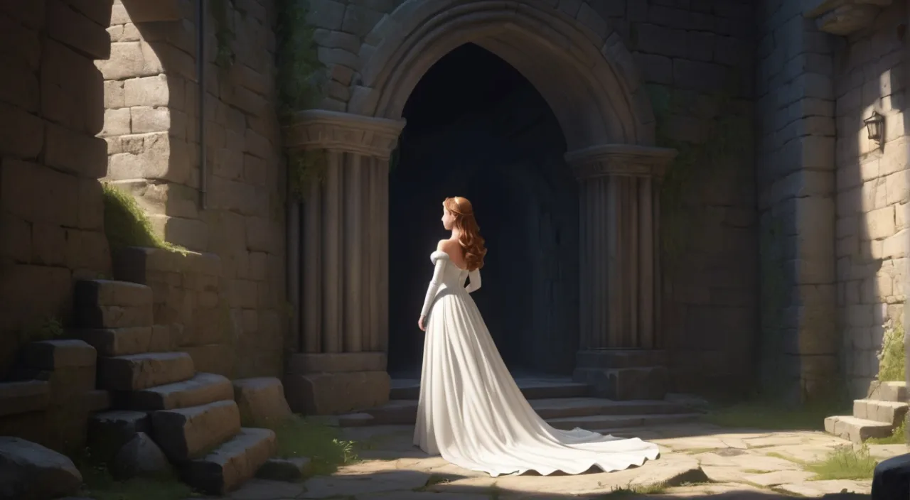 a woman in a white dress standing in a stone archway