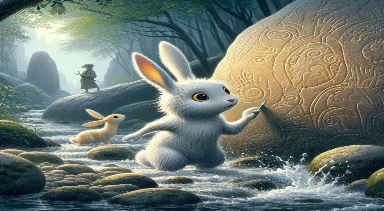 a painting of a rabbit and a duck in a river