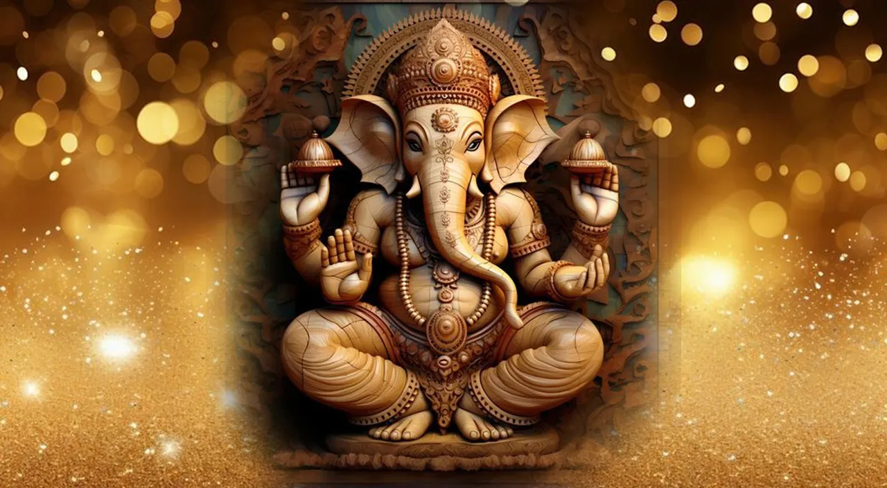 Create god ganesh with golden background, 8k, size of 1920x1080, colorful
