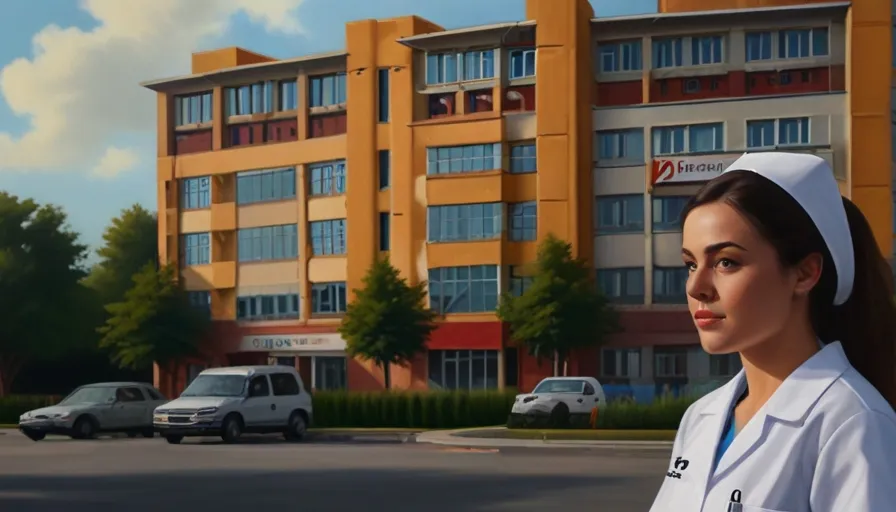 a painting of a nurse standing in front of a hospital