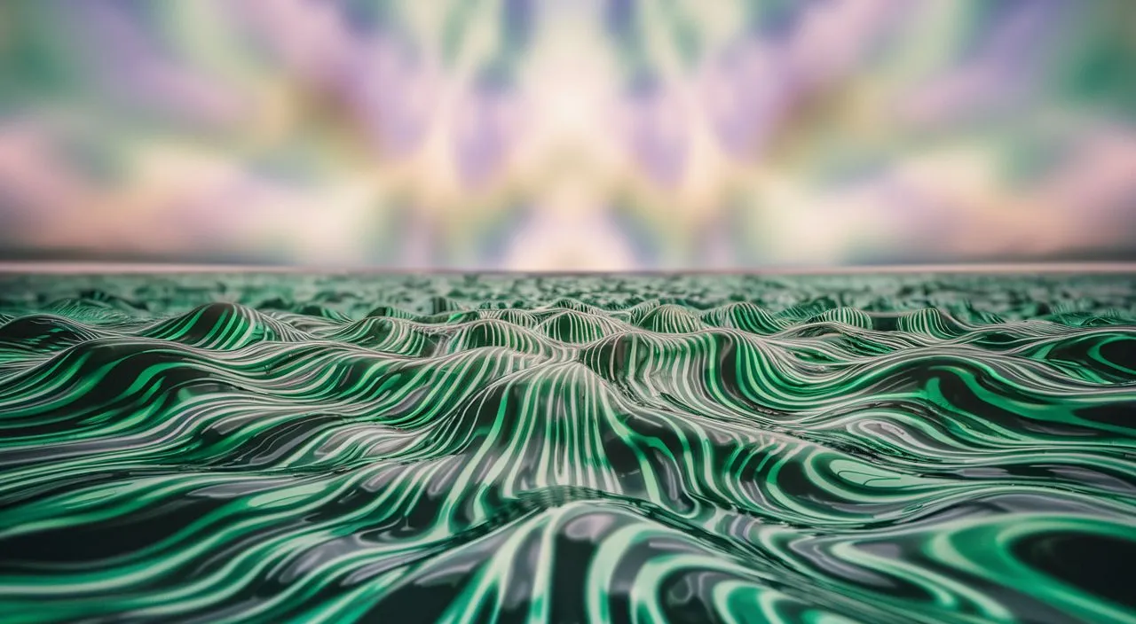 a green and white abstract painting with a blurry background