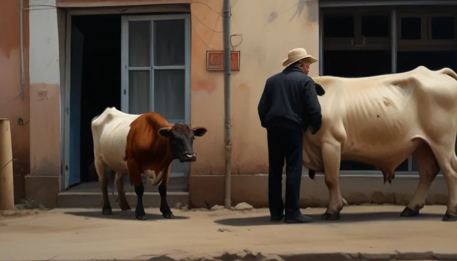 a man standing next to two cows in front of a building