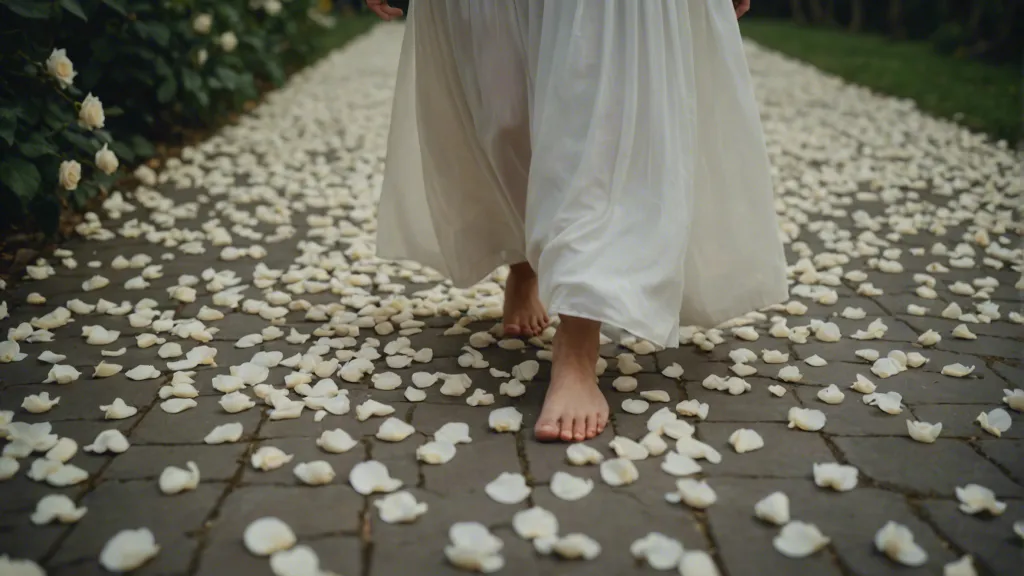 a woman walking down a path covered in petals