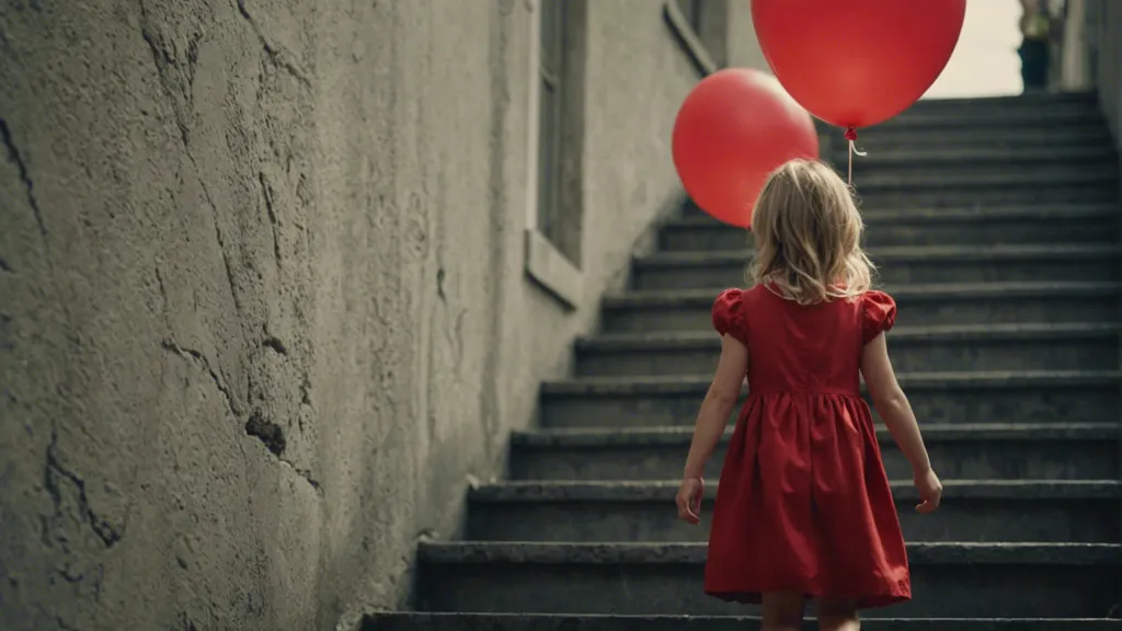 a little girl in a red dress walking upstairs with red balloons