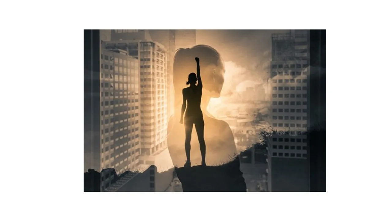 a woman standing on top of a tall building