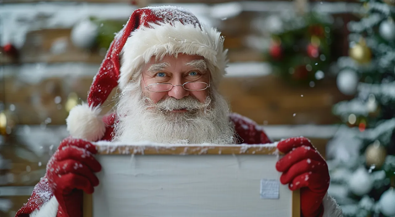 a man dressed as santa claus holding a empty banner