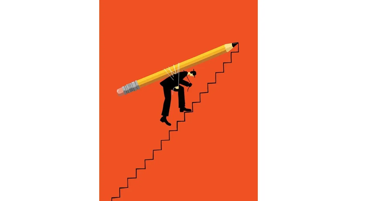 a man in a suit climbing stairs with a giant pencil