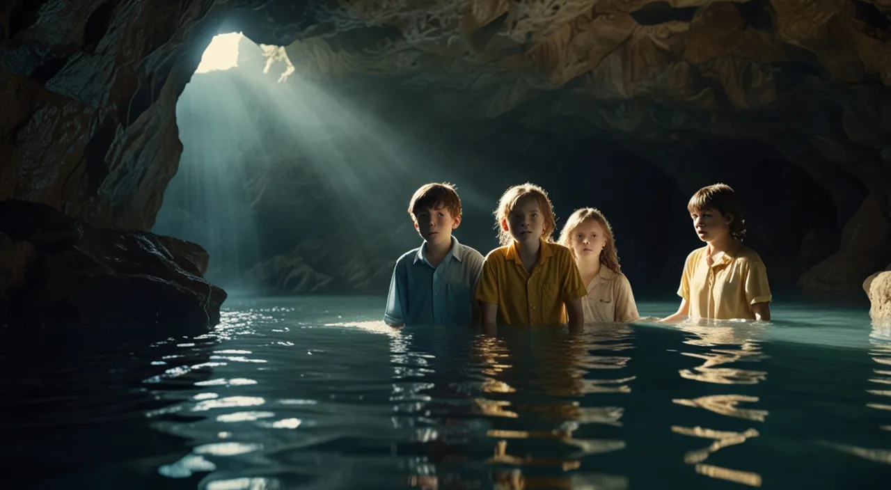 The group of four childhood friends pushes through the sheet of water and emerges into an underground cavern. The cavern is bathed in a gentle, ethereal light. The camera pans around to show the cavern's size and beauty.