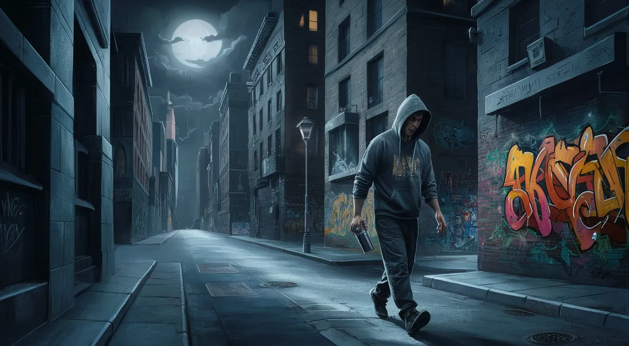 Image of the street artist walking through the city at night, with the moon shining above him, suggesting that his adventure continues.