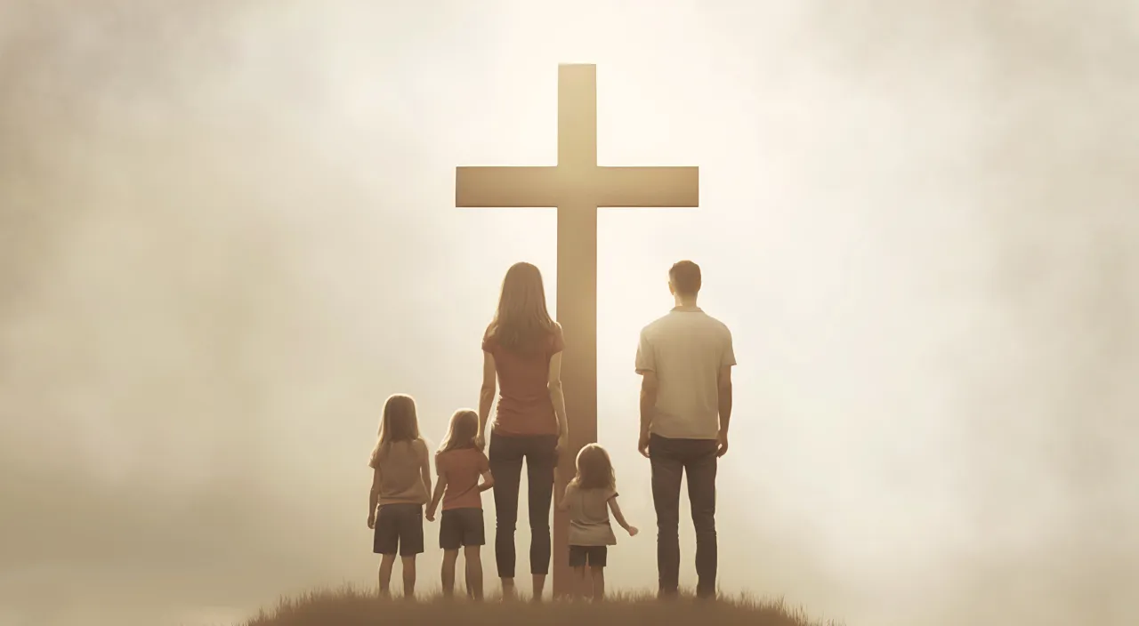 family standing in front of a cross