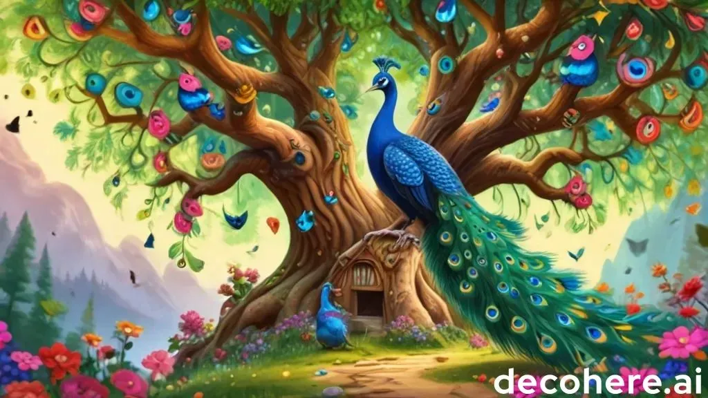 a painting of a peacock sitting on top of a tree