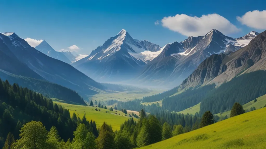 a green valley with mountains in the background