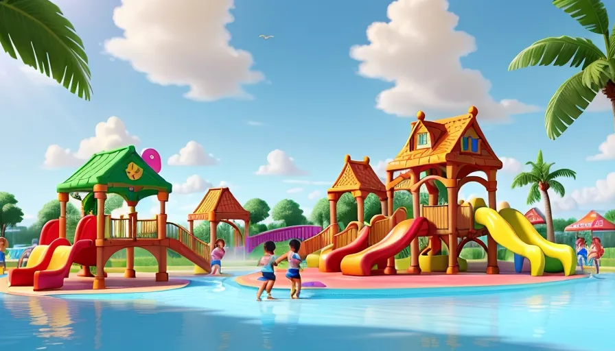 a children's play area with a water slide and slides