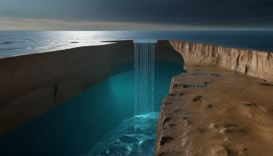 A digital rendering showcasing the discovery of a vast subterranean aquifer beneath the Earth's surface, with a network of interconnected water chambers stretching across the depths of the planet, three times larger than all of the Earth's oceans combined.