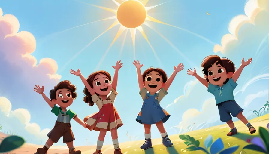 a group of children standing in front of a sun