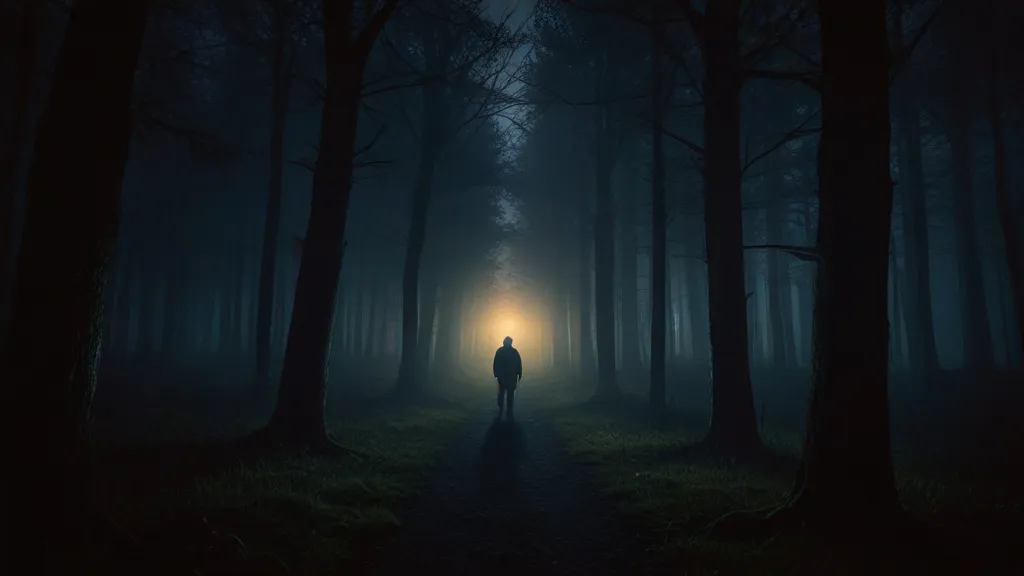 a person standing in the middle of a forest at night