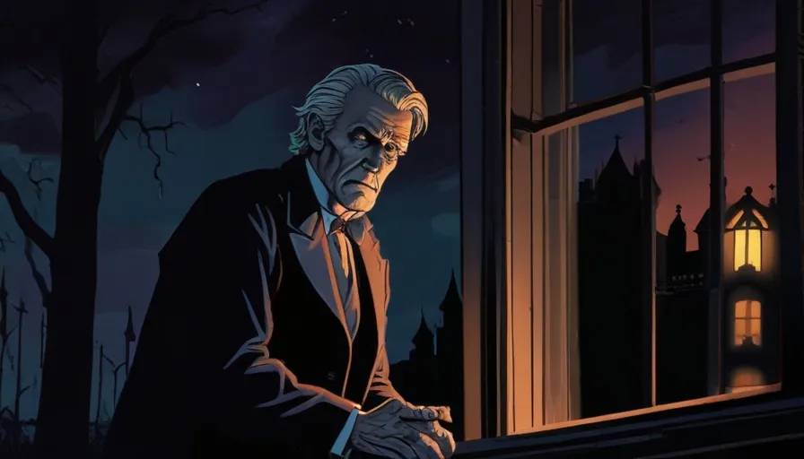 an old man looking out of a window at night