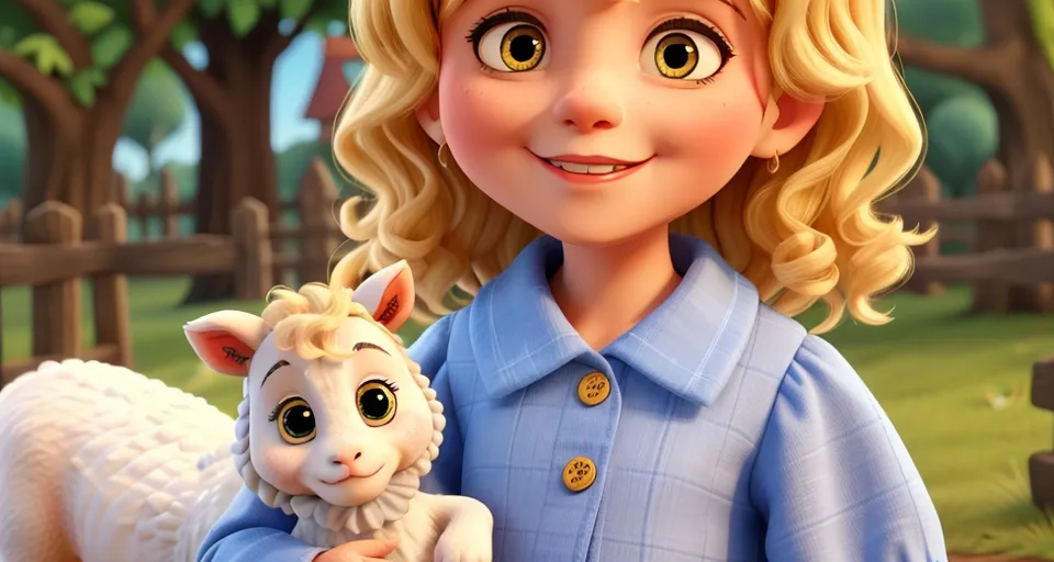 a young girl holding a white sheep in a cartoon scene