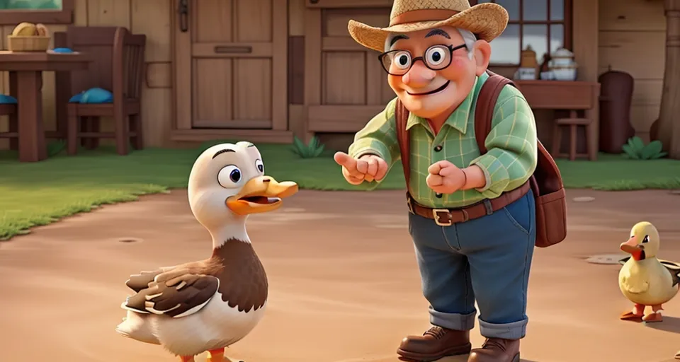 a man in a cowboy hat standing next to a duck