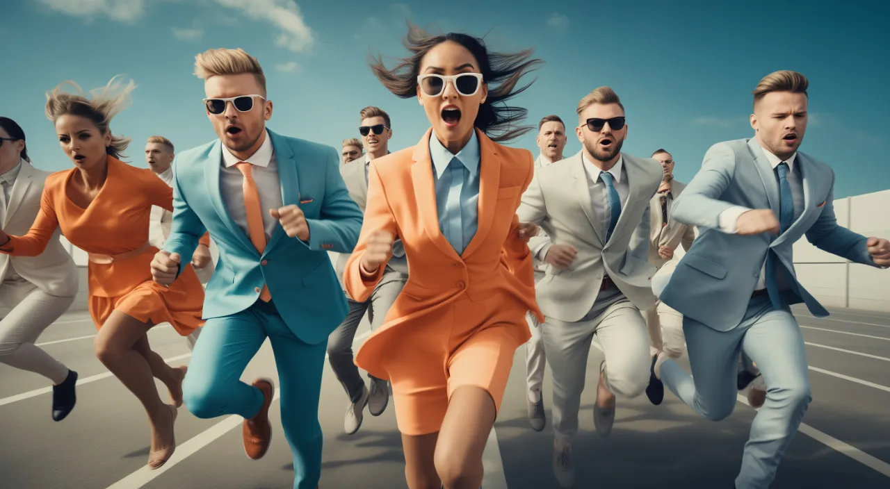 Young Asian men having a parkour race in suits, 8mm style