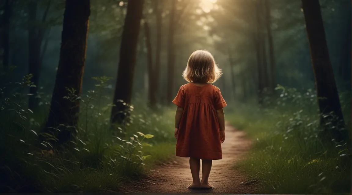 a little girl standing in the middle of a forest