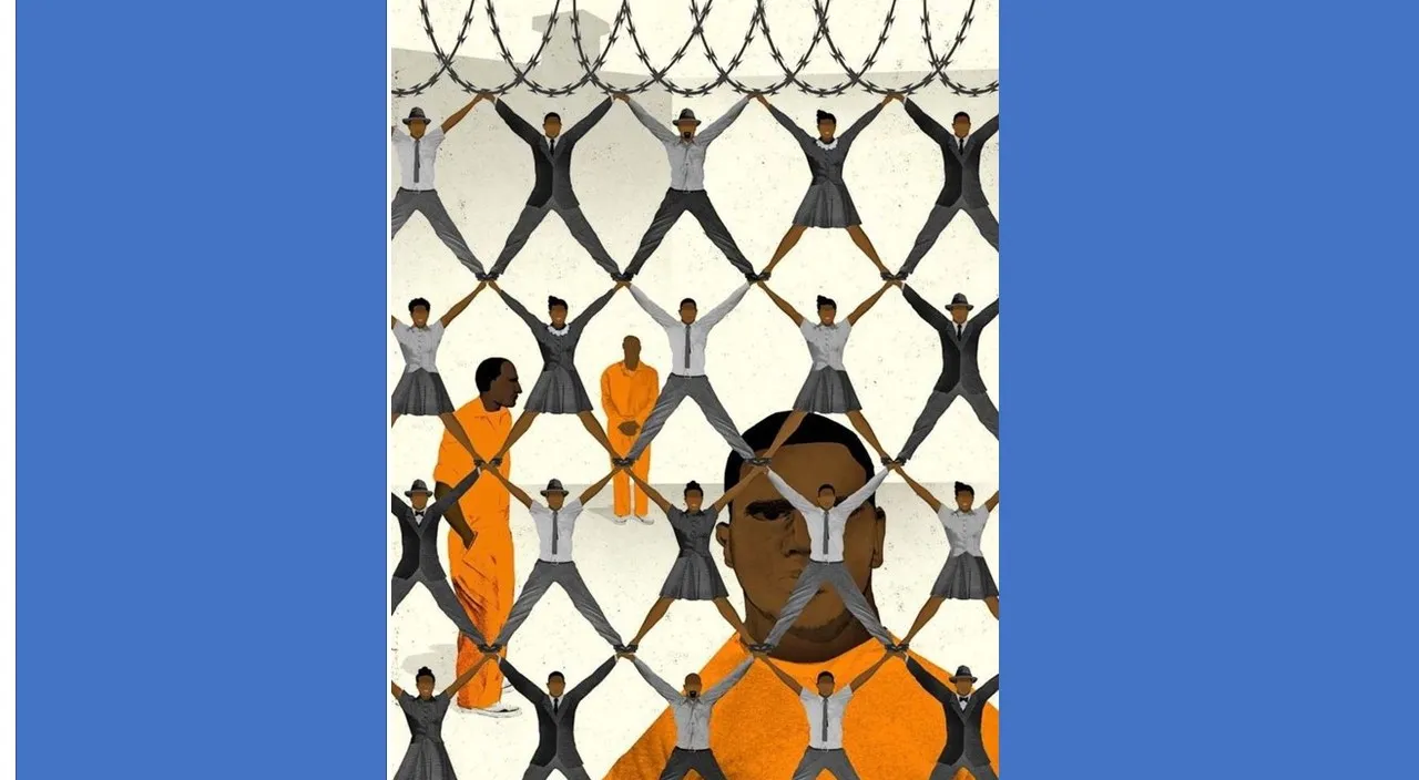 a painting of a group of people behind a chain link fence