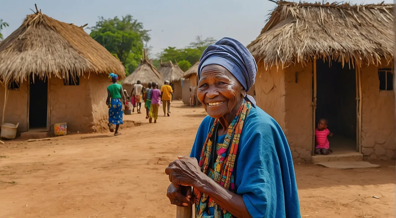 a woman standing in front of some huts