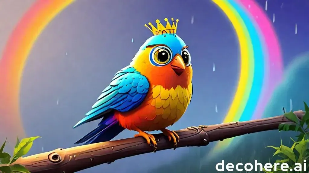 a colorful bird sitting on a branch with a rainbow in the background