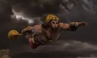 create a flying god hanuman, 8k, size of 1920x1080, colorfu