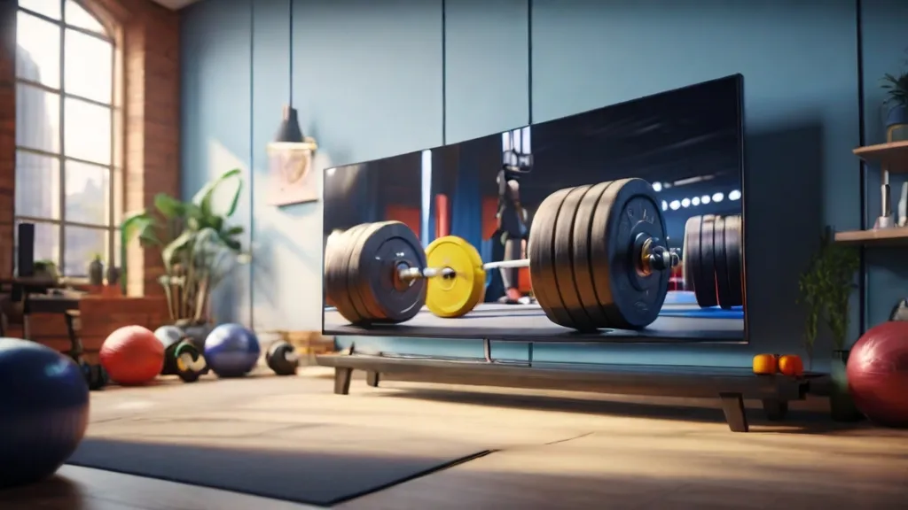 a flat screen tv sitting on top of a wooden floor(barbells are inside the tv not outside, and the tv is just one)