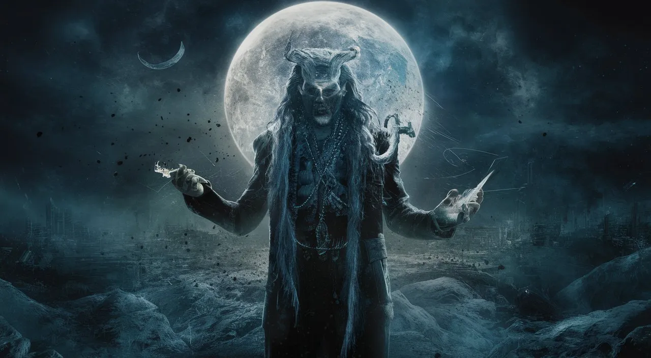 a demon standing in front of a full moon