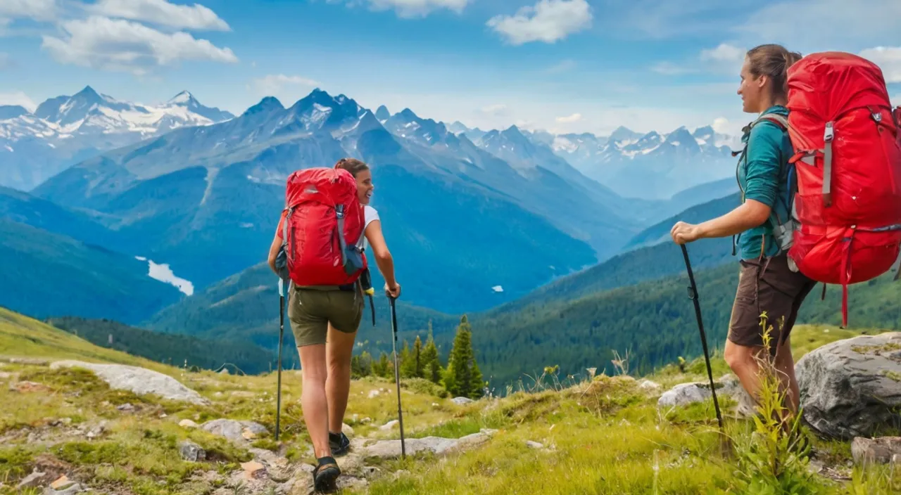 a couple of people with backpacks walking up a hill