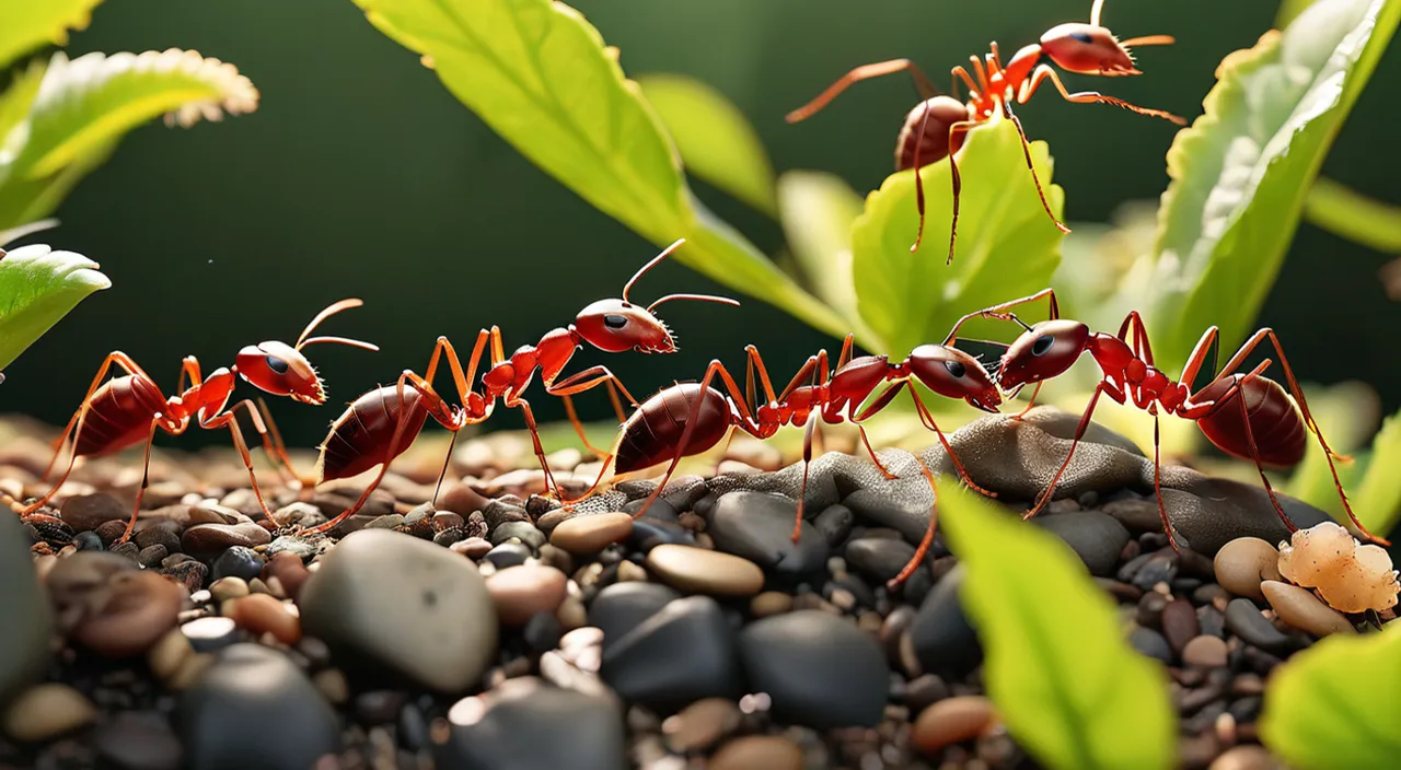 a group of red ants standing on top of a pile of rocks