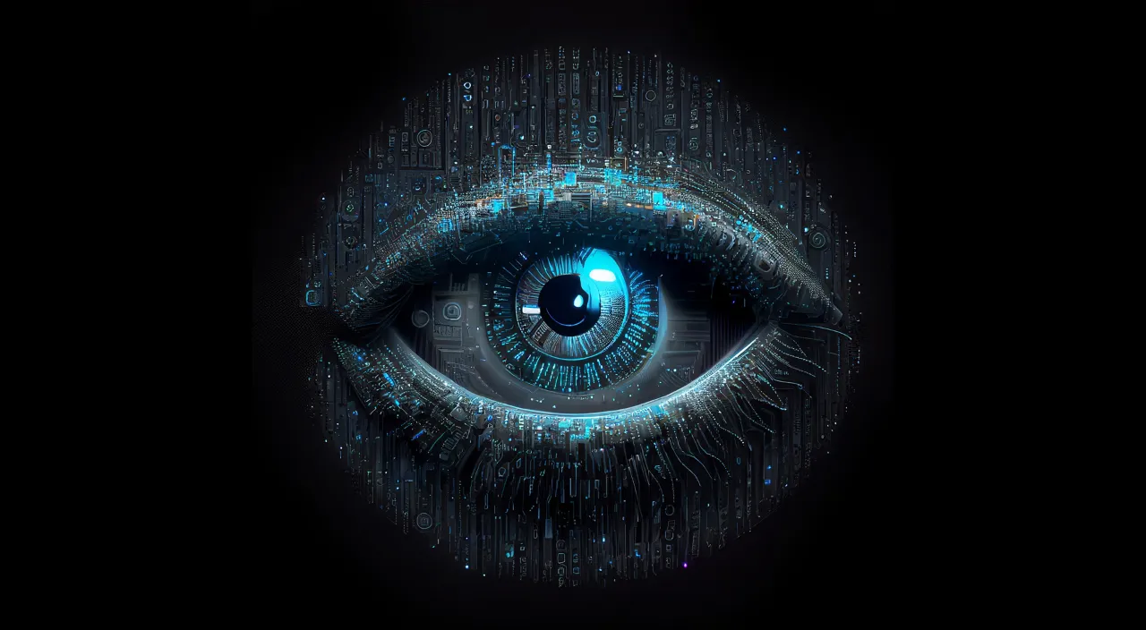 a close up of an looking cyber eye with a digital background