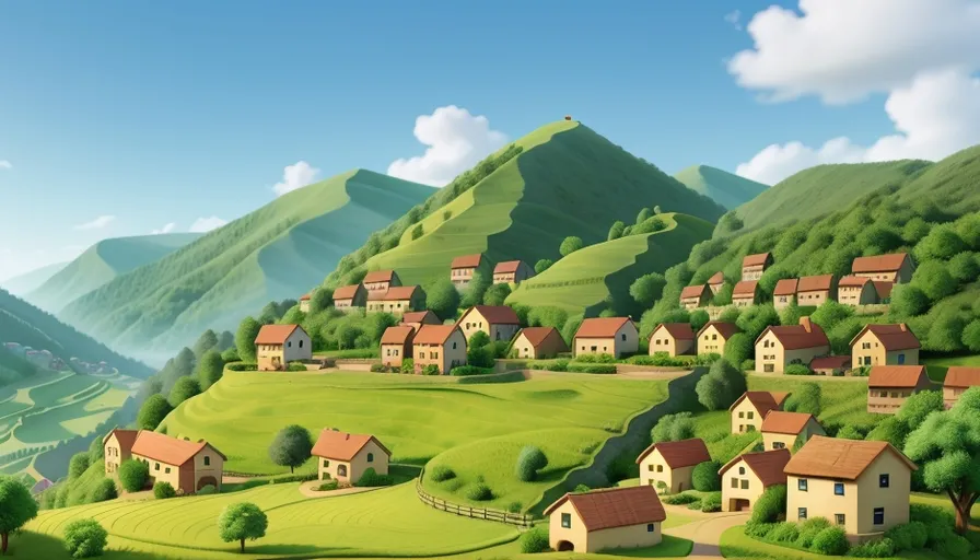 a painting of a village on a hill